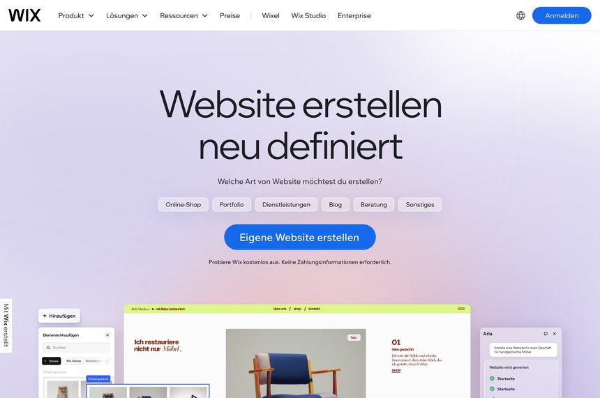 Startseite von Wix mit dem Claim Website erstellen neu definiert und einer Vorschau auf den Editor