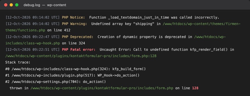 Auszug aus der debug.log: mehrere gelbe Notices und Warnings, darunter der rote Fatal error mit dem Pfad zum verursachenden Plugin