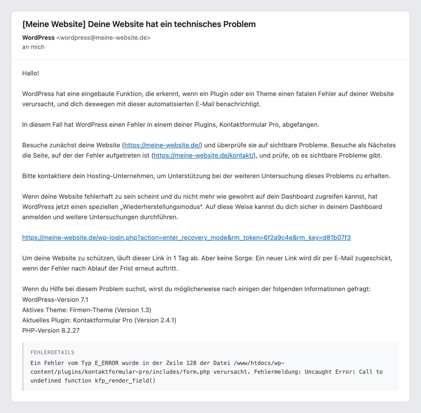 Automatische WordPress-Mail mit Betreff „Deine Website hat ein technisches Problem“, dem Wiederherstellungslink und dem Block Fehlerdetails