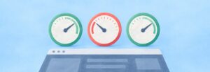 Drei Tachos auf einem Browserfenster, der mittlere rot, als Sinnbild für nicht bestandene Core Web Vitals