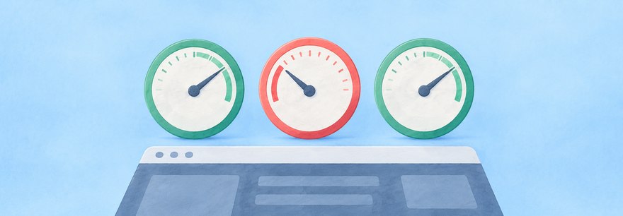 Drei Tachos auf einem Browserfenster, der mittlere rot, als Sinnbild für nicht bestandene Core Web Vitals