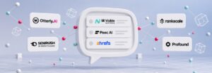 Weiße 3D-Sprechblase als KI-Antwort mit den Logos von SE Visible, Peec AI und Ahrefs, umgeben von den App-Icons von Otterly.AI, Semrush, Rankscale und Profound im Plexus-Netz