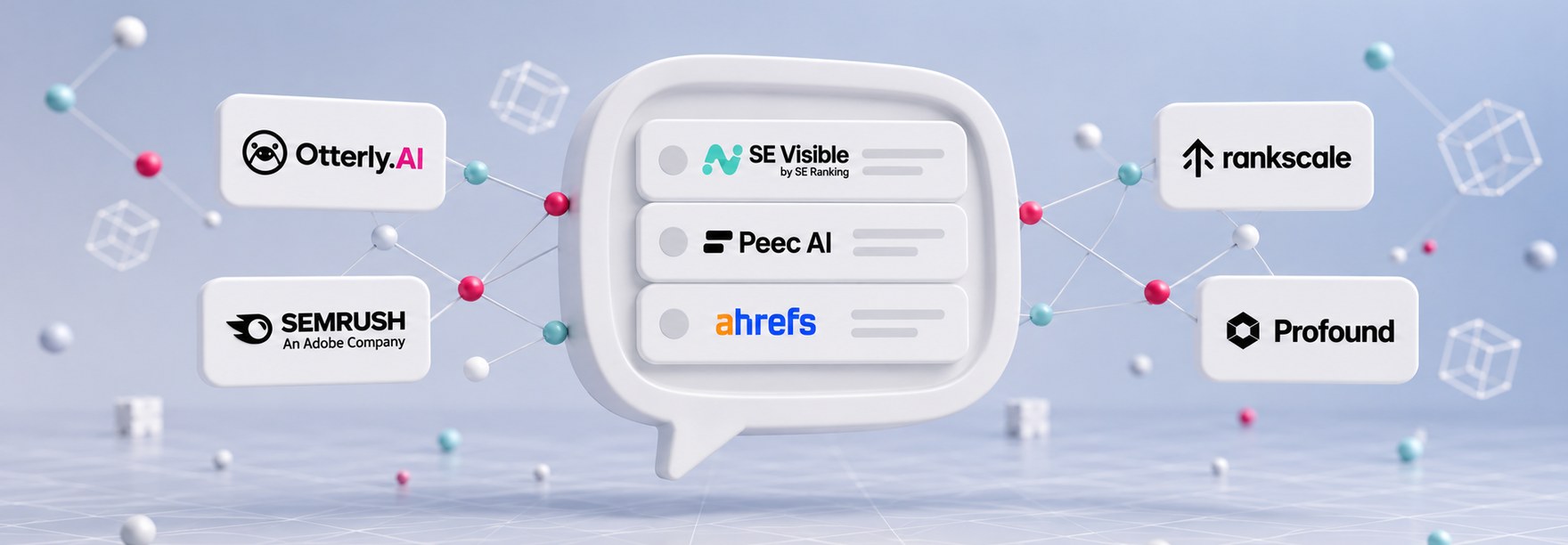 Weiße 3D-Sprechblase als KI-Antwort mit den Logos von SE Visible, Peec AI und Ahrefs, umgeben von den App-Icons von Otterly.AI, Semrush, Rankscale und Profound im Plexus-Netz