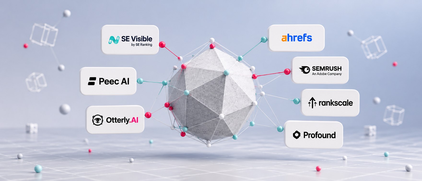 Matter KI-Polyeder im Plexus-Netz, verbunden mit sieben gleichwertigen App-Icons der GEO-Tools: SE Visible, Peec AI, Ahrefs, Otterly.AI, Semrush, Rankscale und Profound