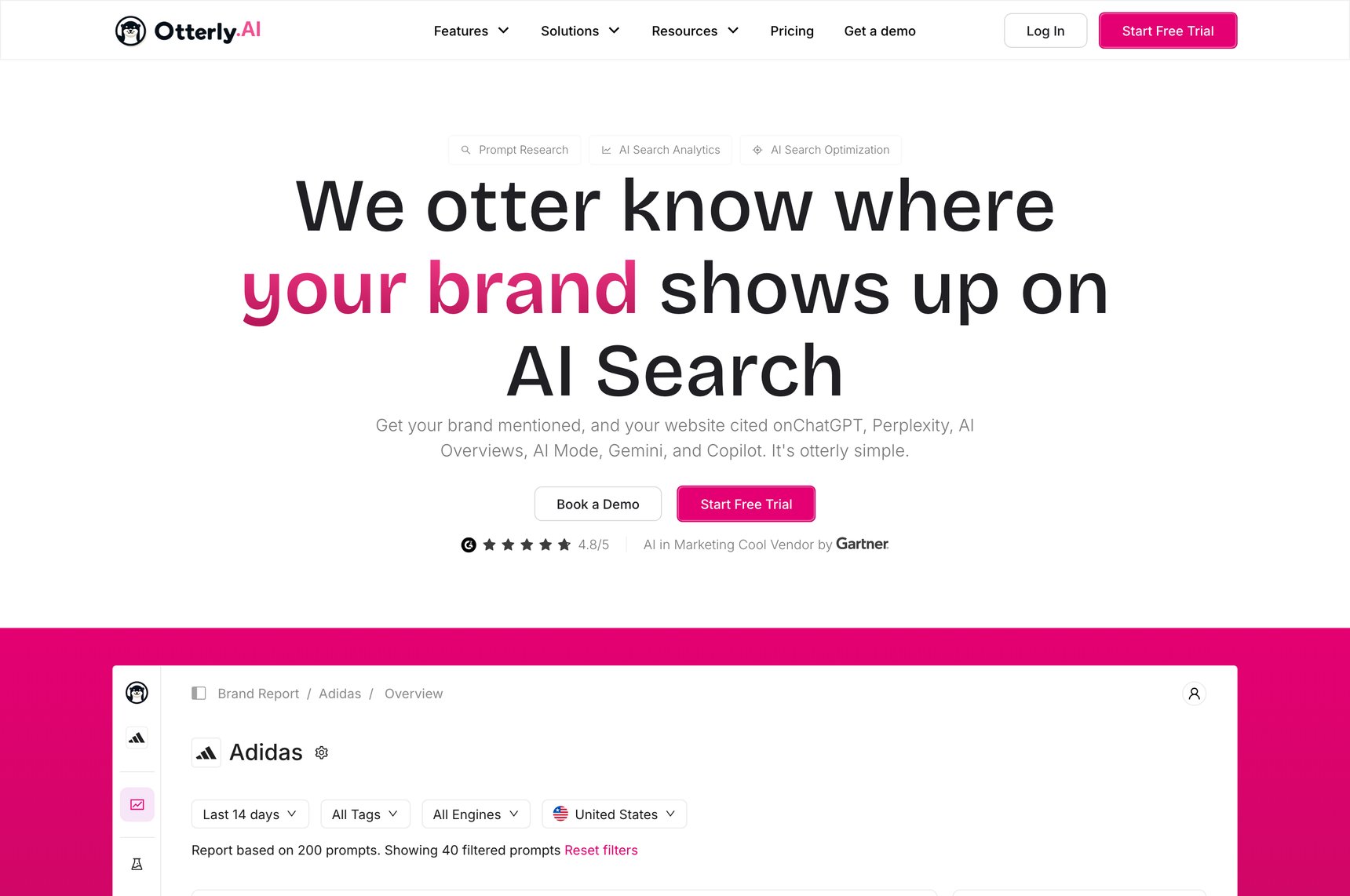 Startseite von Otterly.AI mit der Überschrift „We otter know where your brand shows up on AI Search“