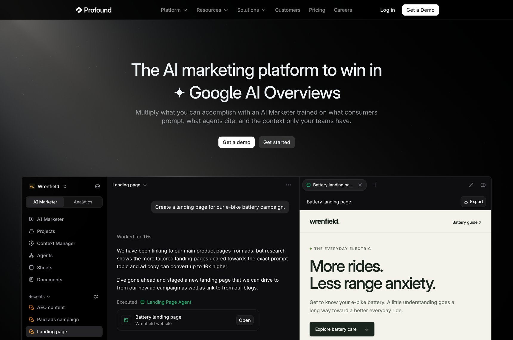 Startseite von Profound mit der Überschrift „The AI marketing platform to win in Google AI Overviews“ auf dunklem Grund