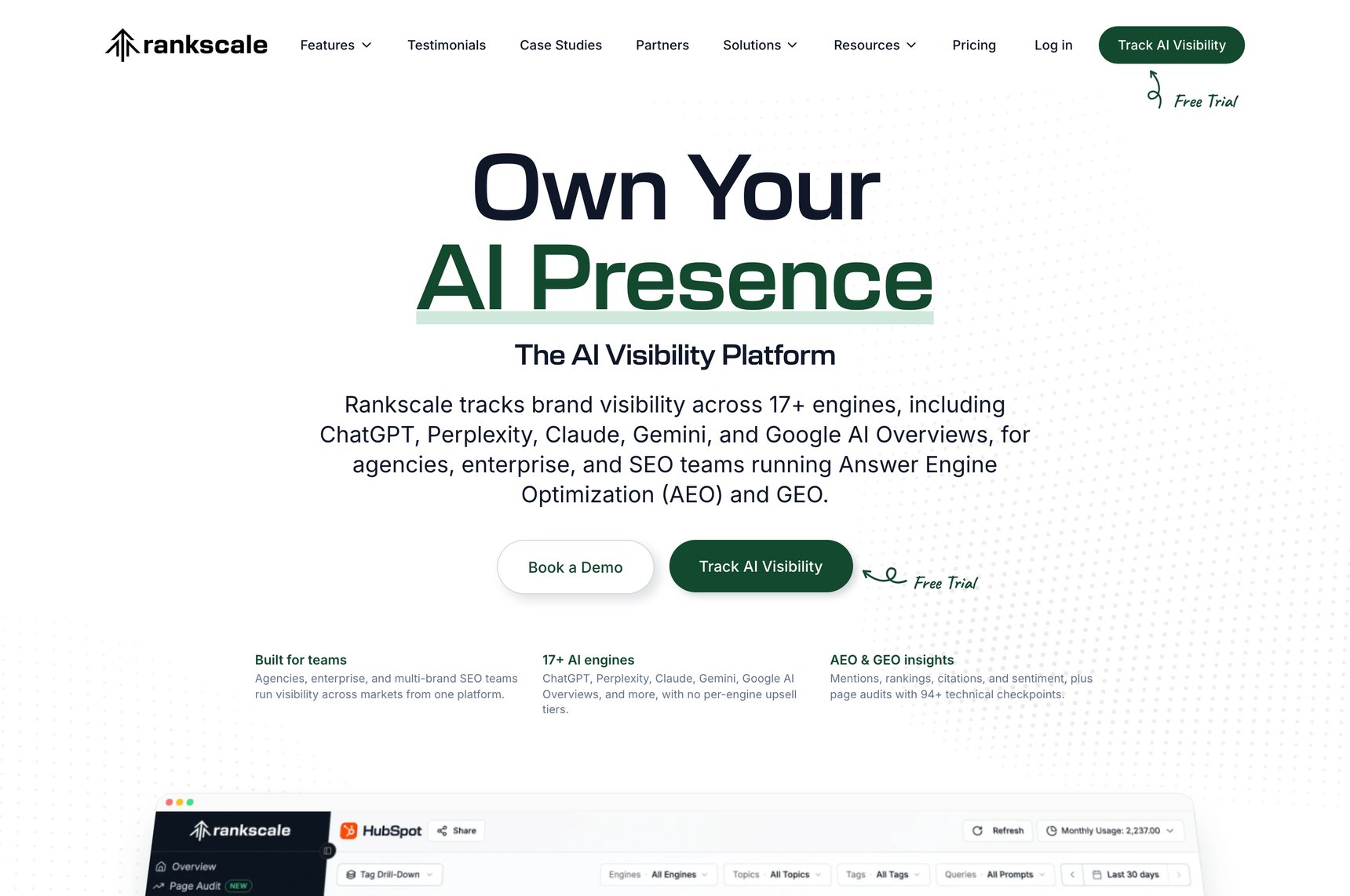 Startseite von Rankscale mit der Überschrift „Own Your AI Presence“ und dem Hinweis auf über 17 KI-Systeme