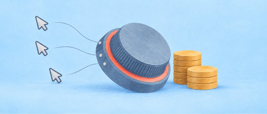 Budget einer Google-Ads-Kampagne Budget-Regler mit Münzstapeln und Mauszeigern, Symbolbild für das Tagesbudget in Google Ads