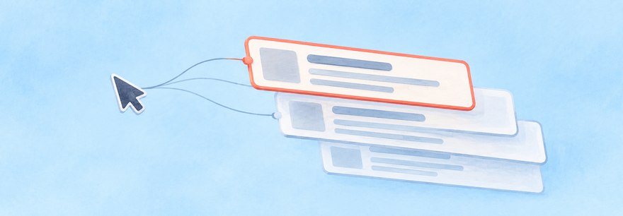 Mauszeiger mit drei gestapelten Suchanzeigen, die oberste hervorgehoben, als Sinnbild für eine Google-Ads-Kampagne