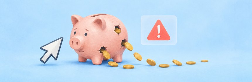Sparschwein mit Löchern, aus denen Münzen rollen – Sinnbild für teure Fehler bei Google Ads