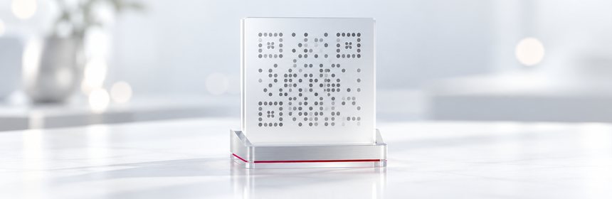 Der QR-Code für Theke und Empfang Acrylaufsteller mit angedeutetem QR-Code für Google-Bewertungen auf einer dunklen Theke