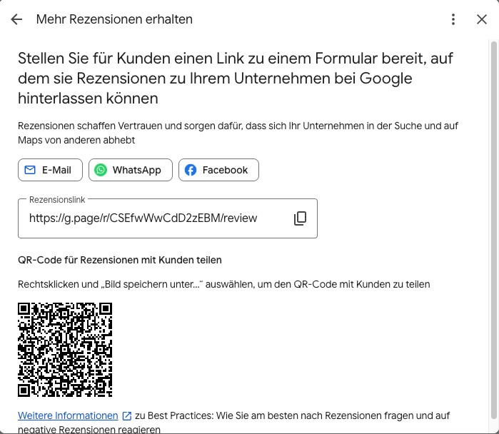 Rezensionslink und QR-Code im Fenster „Mehr Rezensionen erhalten“ Google-Bewertungslink und QR-Code erstellen: Fenster „Mehr Rezensionen erhalten“ mit Rezensionslink, Kopieren-Symbol und QR-Code für Rezensionen