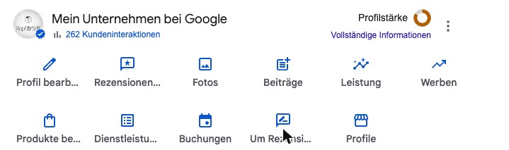 Der Knopf „Um Rezensionen bitten“ im Unternehmensprofil Google Bewertungslink erstellen: Bereich „Mein Unternehmen bei Google“ in der Google-Suche mit dem Knopf „Um Rezensionen bitten“