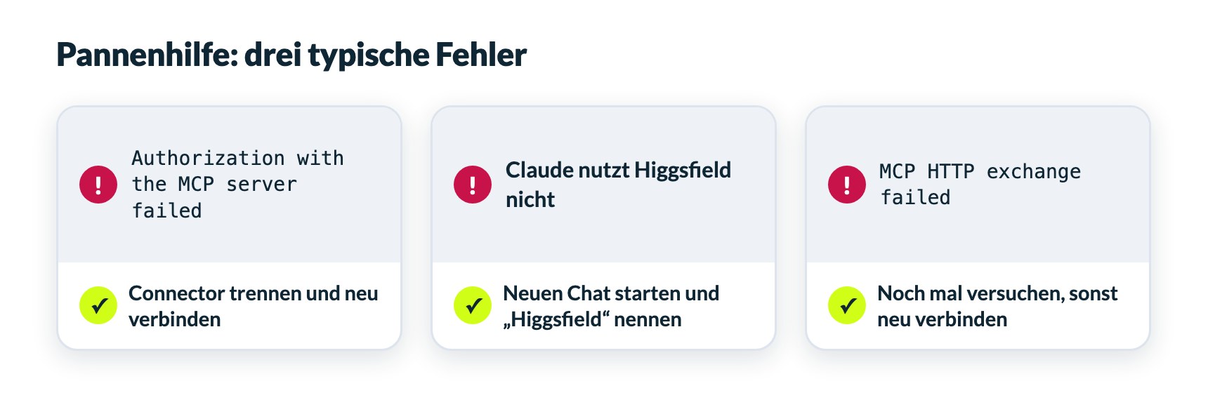 Typische Fehler bei Higgsfield MCP und die Lösung: Authorization with the MCP server failed, Claude nutzt Higgsfield nicht, MCP HTTP exchange failed
