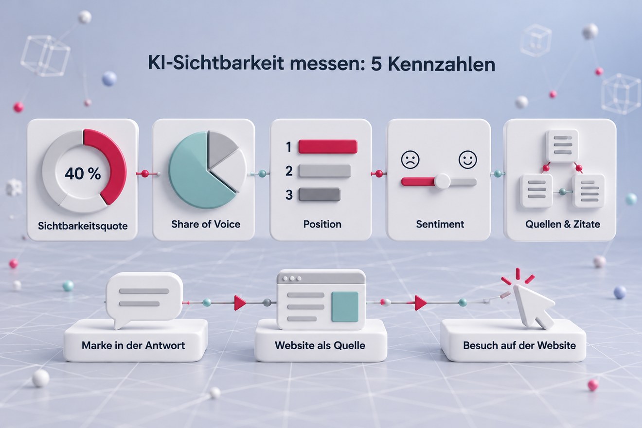 Infografik zu den fünf Kennzahlen Sichtbarkeitsquote, Share of Voice, Position, Sentiment sowie Quellen und Zitate, darunter der Weg von der Marke in der Antwort über die Website als Quelle bis zum Besuch