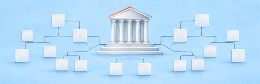 TYPO3 bei Hochschulen und Behörden Gemaltes Säulengebäude, verbunden mit einem verzweigten Seitenbaum aus kleinen Kacheln