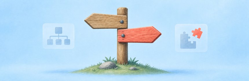 TYPO3 oder WordPress: die Entscheidung Gemalter Wegweiser mit zwei Schildern nach links und rechts, daneben Seitenbaum und Puzzleteil