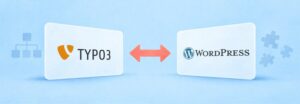 Logos von TYPO3 und WordPress auf zwei gemalten Tafeln, dazwischen ein Doppelpfeil