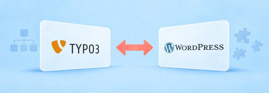 Logos von TYPO3 und WordPress auf zwei gemalten Tafeln, dazwischen ein Doppelpfeil