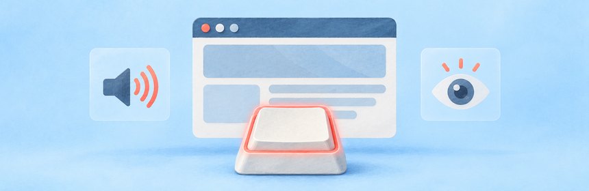 Barrierefreiheit mit TYPO3 und WordPress Gemaltes Browserfenster mit großer Tastaturtaste, daneben Lautsprecher und Auge als Symbole für Barrierefreiheit