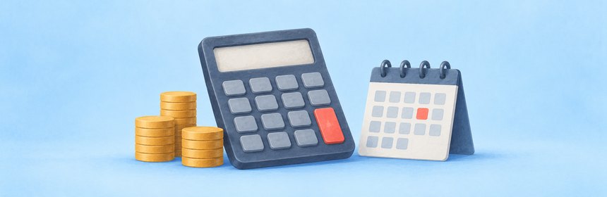 Kosten von TYPO3 und WordPress Gemalter Taschenrechner mit Münzstapeln und einem Kalender mit markiertem Tag