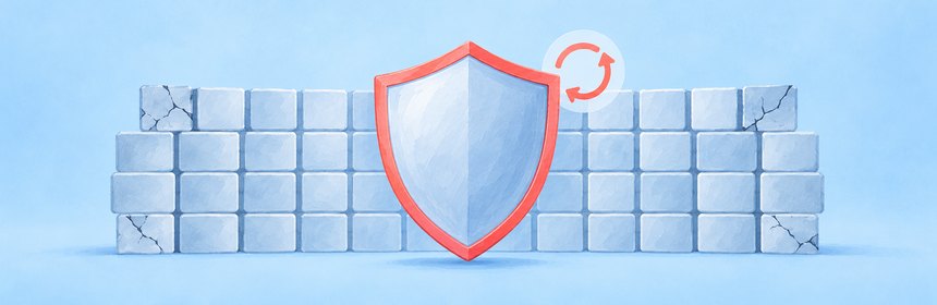 Sicherheit und Updates bei TYPO3 und WordPress Gemaltes Schild vor einer Wand aus Modulen, einige Module am Rand mit Rissen, daneben ein Update-Pfeil