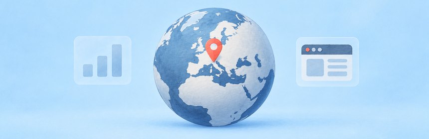 Verbreitung von TYPO3 und WordPress Gemalter Globus mit einer Markierung auf Mitteleuropa, daneben ein Balkendiagramm und ein Browserfenster