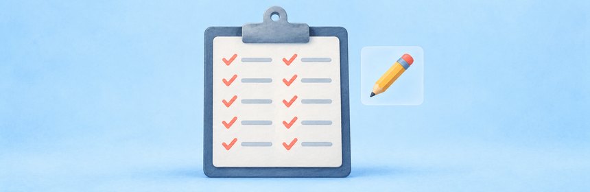 TYPO3 vs. WordPress im Vergleich Gemaltes Klemmbrett mit zweispaltiger Checkliste und Bleistift
