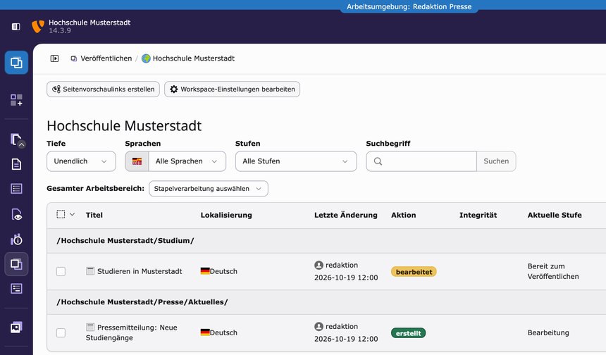 Freigabe-Workflow mit TYPO3 Workspaces TYPO3-Modul Veröffentlichen im Arbeitsbereich Redaktion Presse mit zwei Änderungen in den Stufen Bearbeitung und Bereit zum Veröffentlichen