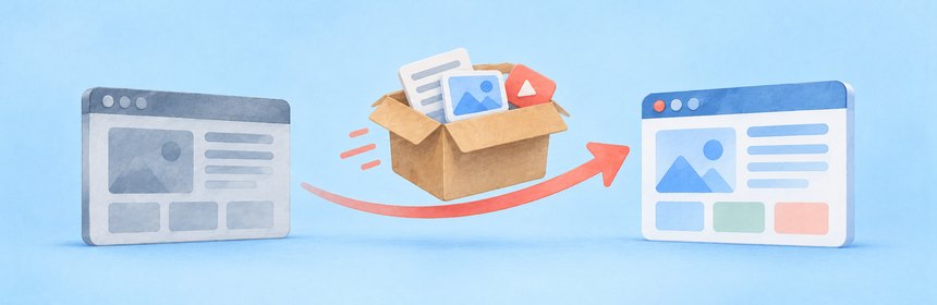 Von TYPO3 zu WordPress umziehen Gemalter Umzugskarton mit Inhalten auf einem Pfeil vom alten zum neuen Browserfenster