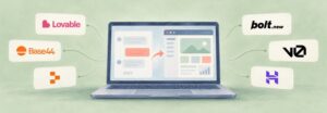 Vibe Coding Tools im Vergleich: Laptop mit Chat und fertiger App, umgeben von den Logos von Lovable, Bolt.new, v0, Base44, Replit und Hostinger