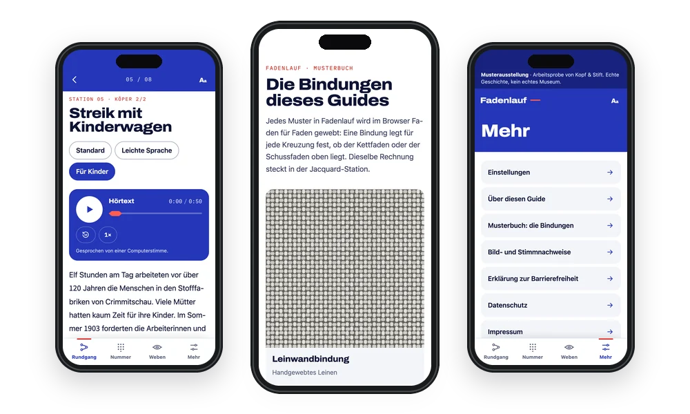 Fadenlauf auf dem Smartphone: Kinderfassung, Musterbuch und Menü