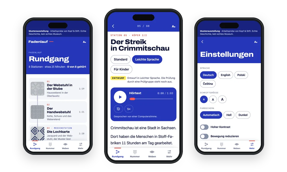 Fadenlauf auf dem Smartphone: Rundgang, Station in Leichter Sprache und Einstellungen