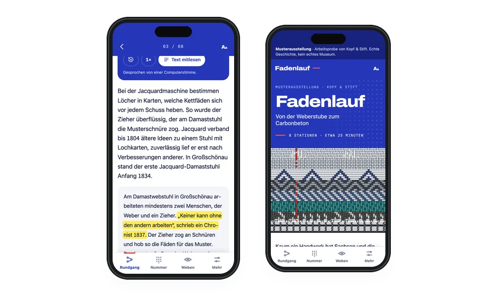 Fadenlauf auf dem Smartphone: Station mit Hörtext und mitlaufendem Text