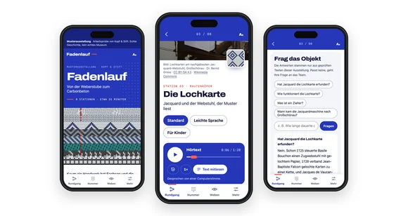Web-App Referenz Mediaguide – Fadenlauf auf drei Smartphones