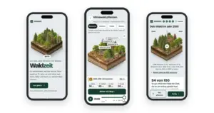 Web-App Referenz Lernspiel – Waldzeit auf drei Smartphones
