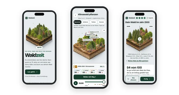 Web-App Referenz Lernspiel – Waldzeit auf drei Smartphones