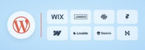 WordPress-Logo neben den Logos von Wix, Jimdo, Squarespace, Framer, Webflow, Lovable, Base44 und Hostinger