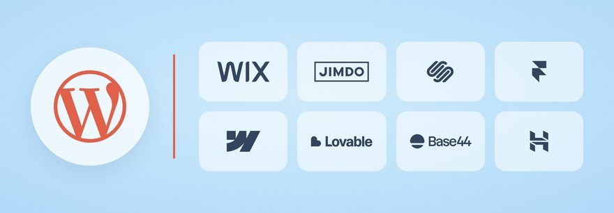 WordPress-Logo neben den Logos von Wix, Jimdo, Squarespace, Framer, Webflow, Lovable, Base44 und Hostinger