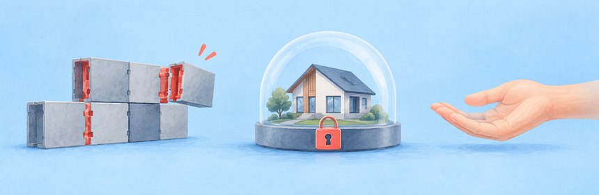 Fertigbausteine fügen sich zusammen, daneben ein Haus unter einer verschlossenen Glaskuppel und eine Hand mit Schlüssel
