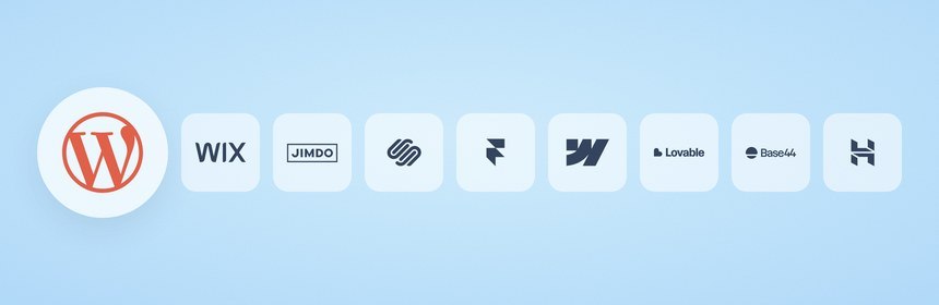 Die Logos von WordPress, Wix, Jimdo, Squarespace, Framer, Webflow, Lovable, Base44 und Hostinger nebeneinander auf einer Linie