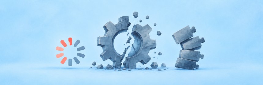 Ein zerbrochenes Zahnrad, ein kippender Plugin-Stapel und ein Ladesymbol
