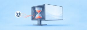 Monitor mit Sanduhr im Gehäuse und WordPress-Logo als Sinnbild für ein langsames WordPress-Backend