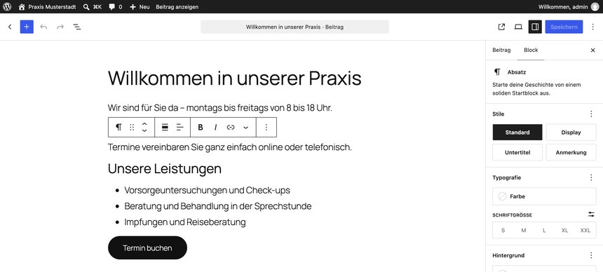 So sieht der WordPress-Block-Editor aus WordPress-Block-Editor mit Überschrift, Absätzen, Liste und Button, rechts die Block-Einstellungen