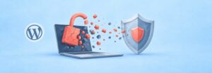 Aufgebrochenes Schloss, Laptop und Schutzschild mit WordPress-Logo als Sinnbild für eine gehackte WordPress-Seite